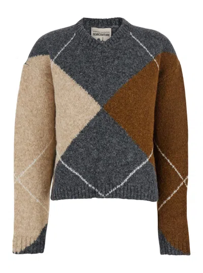 Semicouture Brown Sweater With Round Neck And All-over Argyle Motif In Wool Blend Woman