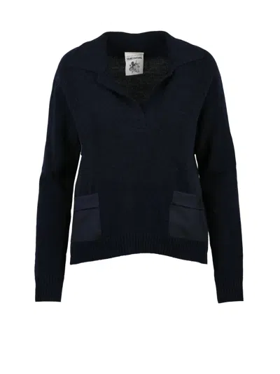 Semicouture Asymmetric Knit Sweater With Layered Design And Dual Pockets In Blue