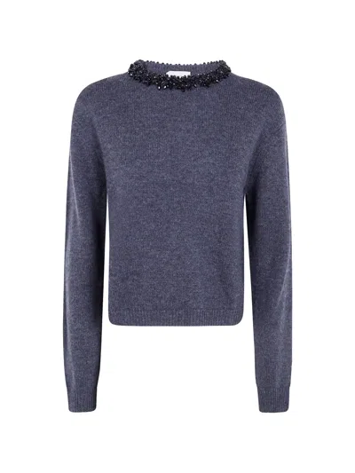 Semicouture Denny Sweater Beaded Neck Long Sleeves In Blue