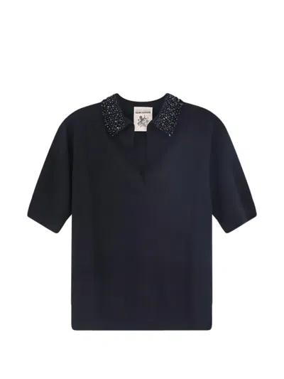 Semicouture Bead-embellished Short-sleeve Sweater In Blue
