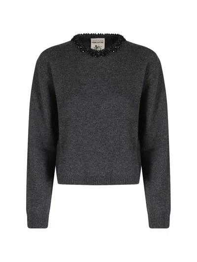 Semicouture Denny Sweater Beaded Neck Long Sleeves In Blue
