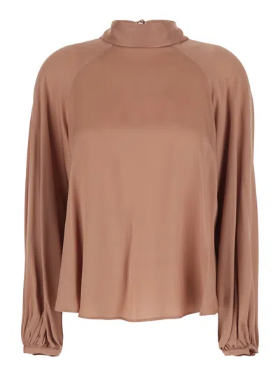 Semicouture Beige Crewneck Blouse With Rear V Neck And Rear Bow Closure In Silk Blend Woman In Neutral
