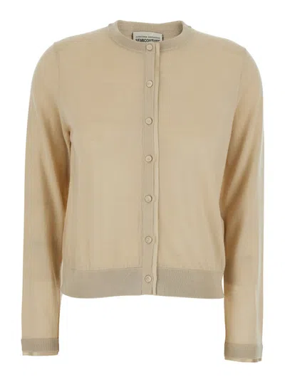Semicouture Beige Crewneck Cardigan With Front Button Closure In Wool Woman In Neutral