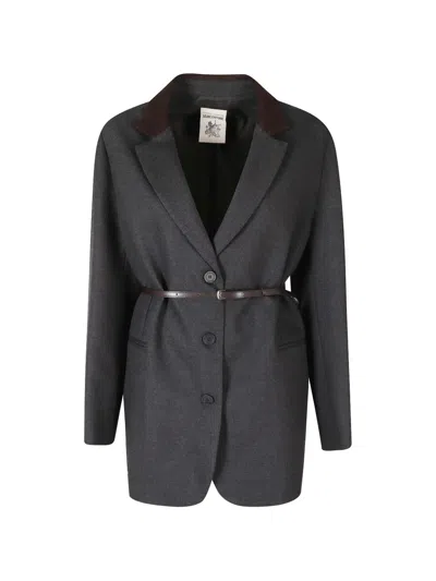 Semicouture Belted Contrast-collar Blazer In Black
