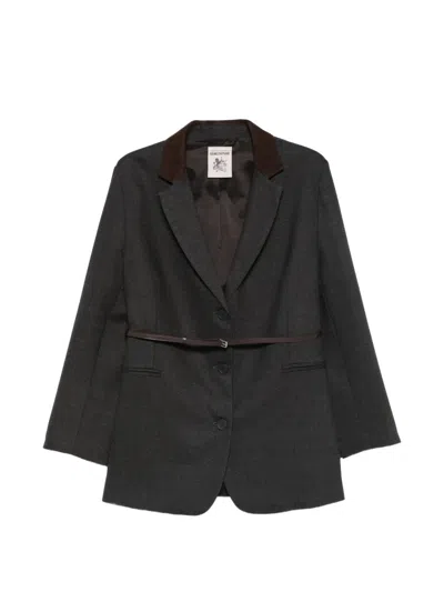 Semicouture Belted Contrast-collar Jacket In Gray