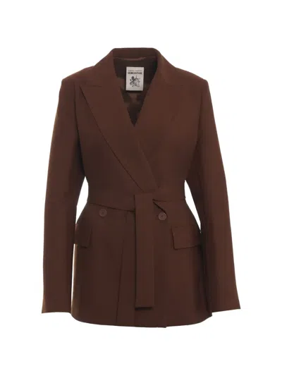 Semicouture Belted Double-breasted Jacket In Brown