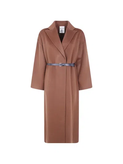 Semicouture Belted Double-breasted Wool Coat In Brown
