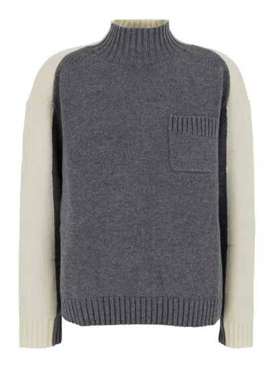 Semicouture Bicolor Wool And Cashmere Sweater With High Collar And Chest Pocket In Gray