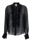 Semicouture Black Blouse With Classic Collar And Ruched Detail On The Front In Silk Blend Woman In Black