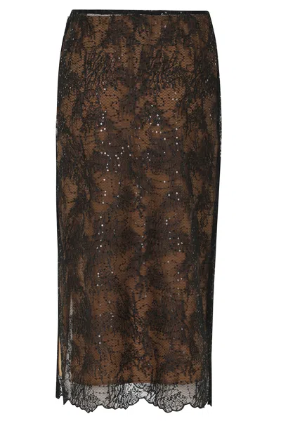 Semicouture Black Camilla Scalloped Lace Hem Sequin Midi Skirt In Brown