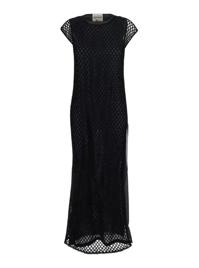 SEMICOUTURE BLACK CREWNECK LONG DRESS WITH FISHNET DESIGN AND MATCHING UNDERDRESS IN COTTON WOMAN