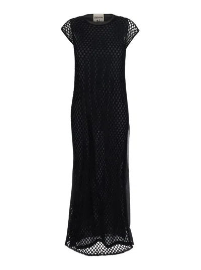 SEMICOUTURE BLACK CREWNECK LONG DRESS WITH FISHNET DESIGN AND MATCHING UNDERDRESS IN COTTON WOMAN