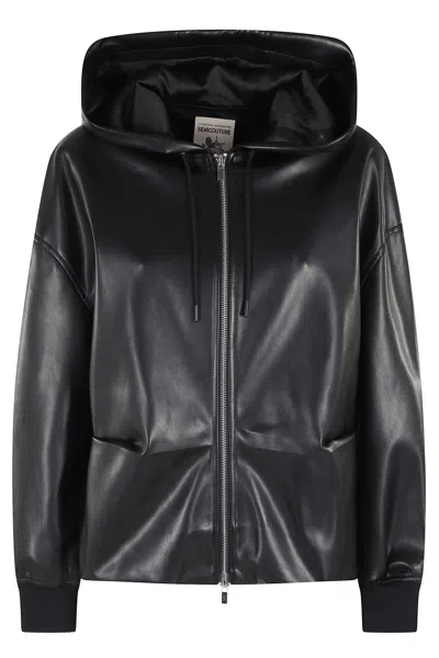Semicouture Black Doia Hooded Ribbed-cuff Polyurethane Jacket