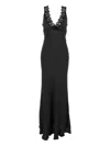 Semicouture Black Long Dress With V-neckline And Lace Inserts In Silk Blend Woman