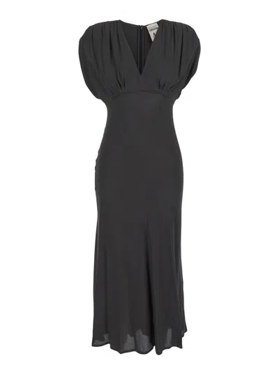 Semicouture Black Long Dress With V-neck And Ruching On The Shoulders In Silk Blend Woman
