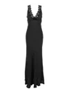 Semicouture Black Long Dress With V-neckline And Lace Inserts In Silk Blend Woman