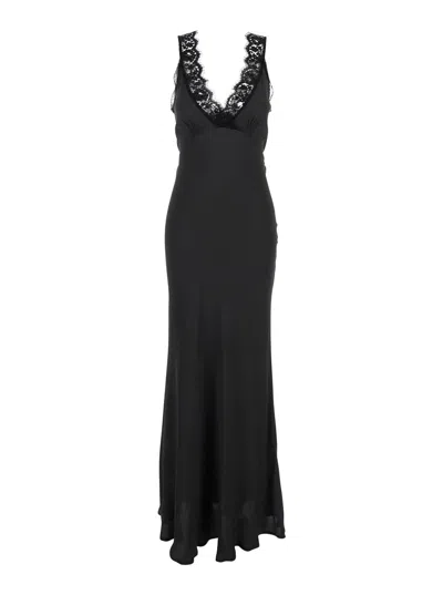 Semicouture Black Long Dress With V-neckline And Lace Inserts In Silk Blend Woman In Grey