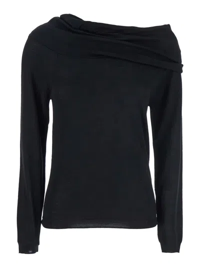 Semicouture Black Off-shoulder Sweater Wirh Ribbed Trims In Wool Woman
