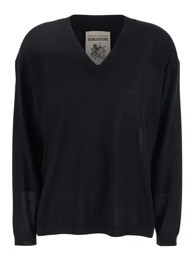 Semicouture Black Jumper With V-neck And Logo Embroidered On The Side In Virgin Wool Woman