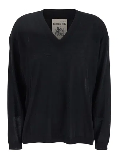 SEMICOUTURE BLACK SWEATER WITH V-NECK AND LOGO EMBROIDERED ON THE SIDE IN VIRGIN WOOL WOMAN