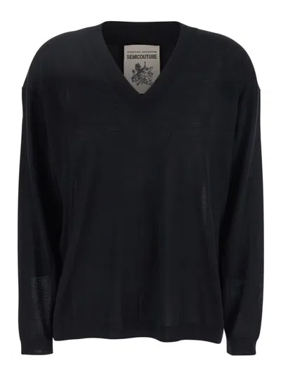SEMICOUTURE BLACK SWEATER WITH V-NECK AND LOGO EMBROIDERED ON THE SIDE IN VIRGIN WOOL WOMAN