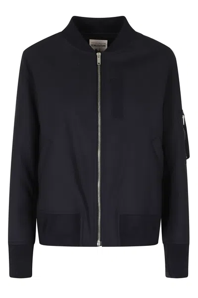 Semicouture Blue Ariella Ribbed Knit Collar Wool-blend Bomber Jacket In Black