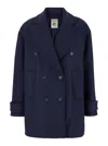 SEMICOUTURE BLUE DOUBLE-BREASTED COAT WITH WIDE REVERS IN HEAVY FABIC WOMAN