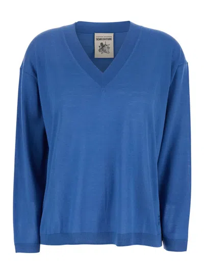 SEMICOUTURE BLUE SWEATER WITH V-NECK AND LOGO EMBROIDERED ON THE SIDE IN VIRGIN WOOL WOMAN