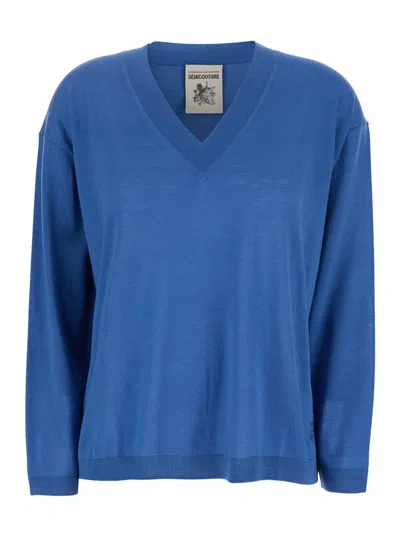 SEMICOUTURE BLUE SWEATER WITH V-NECK AND LOGO EMBROIDERED ON THE SIDE
