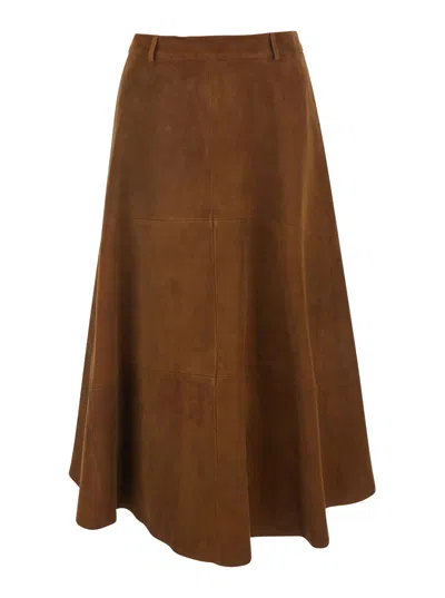 Semicouture Brown Flared Skirt With Rear Zip Closure And Belt Loops In Suede Woman