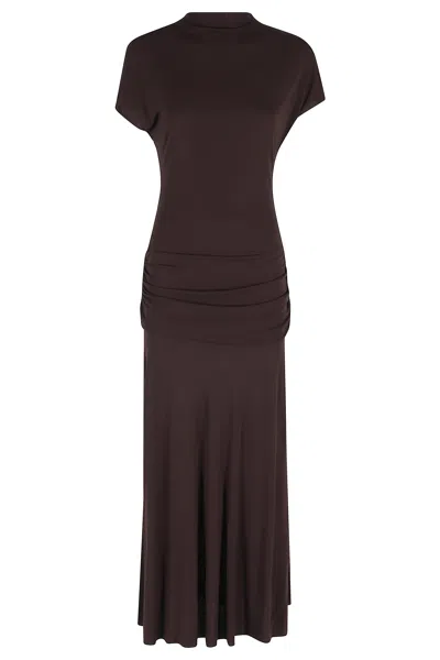 Semicouture Brown Gwen High-neck Ruched-hips Viscose Midi Dress