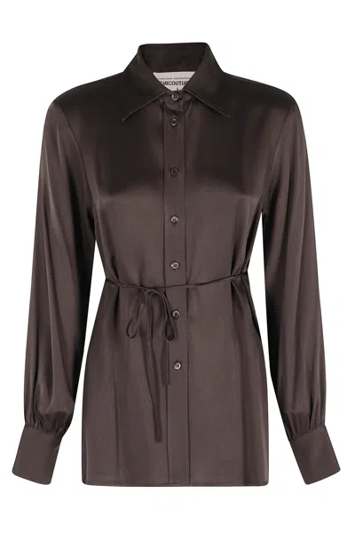 Semicouture Brown Juana Side-slit Long-sleeve Acetate-blend Shirt In Black