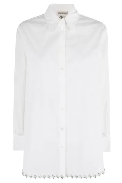 SEMICOUTURE BUTTON-UP SHIRT WITH CLASSIC COLLAR AND RHINESTONE HEM