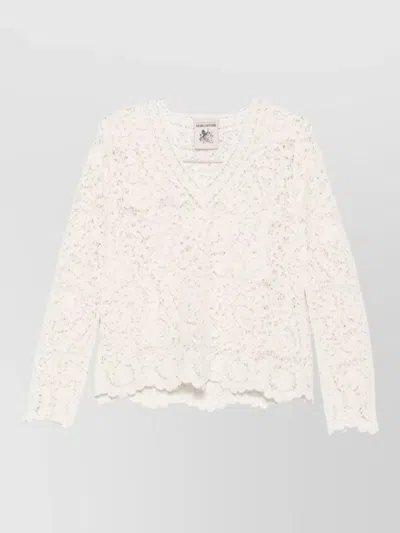 Semicouture Calanthe Lace Knit V Neck Sweater In White