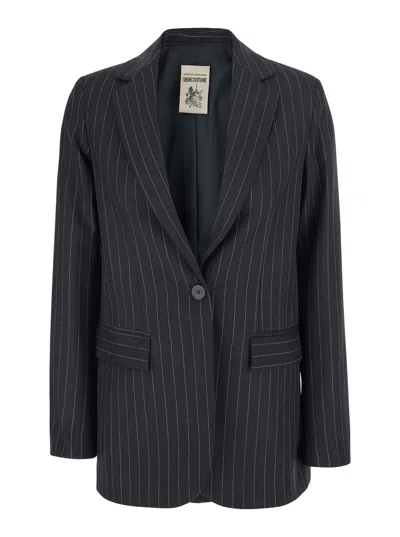 Semicouture Carmen Striped Wool-blend Notched Revers Single-breasted Jacket For Women In Black