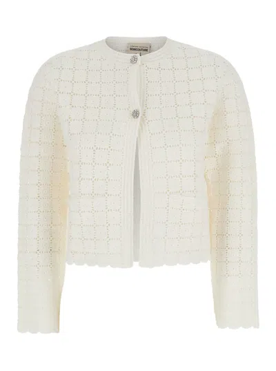 Semicouture Cassandra White Cropped Cardigan With Jewel Buttons In Cotton Woman
