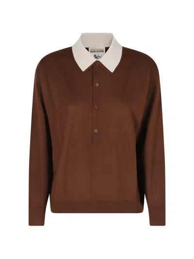 Semicouture Cassie Contrast-collar Polo Sweater In Brown