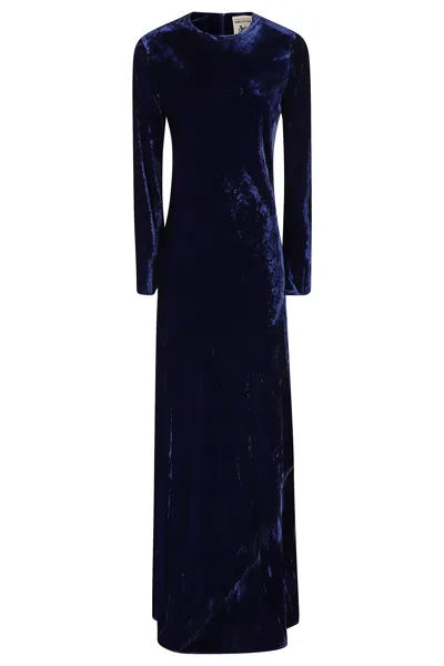 Semicouture Cecily Round Neck Velvet Slim-fit Midi Dress In Blue