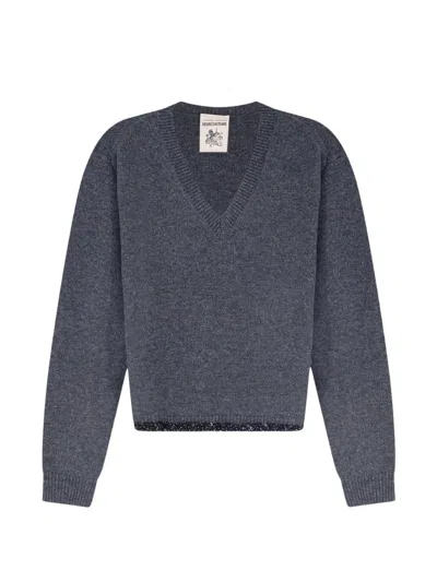 Semicouture Celia Sequin-embellished V-neck Sweater In Blue