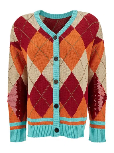 Semicouture 'clara' Multicolor Relaxed Cardigan With Argyle Motif In Cotton Woman