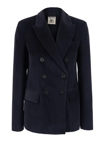 Semicouture Corduroy Double-breasted Blazer Jacket With Peak Revers And Flap Pockets In Blue