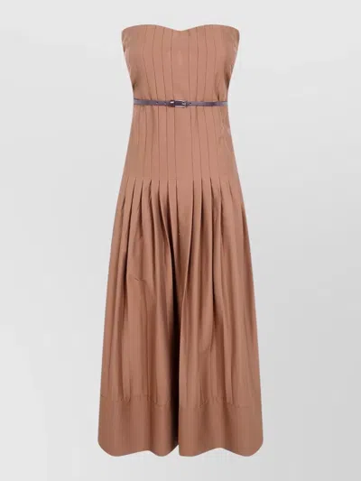 Semicouture Cotton Poplin Strapless Midi Dress Belt In Brown