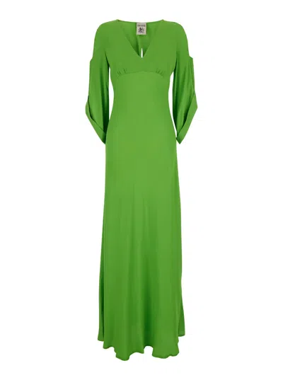 SEMICOUTURE GREEN LONG DRESS WITH V NECKLINE IN SILK BLEND WOMAN