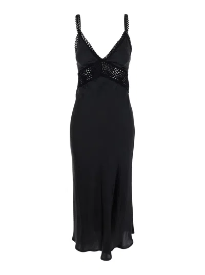 SEMICOUTURE JACINTA BLACK LONG DRESS WITH THIN STRAPS AND CROCHET INSERTS IN SILK AND ACETATE BLEND WOMAN