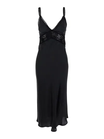SEMICOUTURE 'JACINTA' BLACK LONG DRESS WITH THIN STRAPS AND CROCHET INSERTS IN SILK AND ACETATE BLEND WOMAN