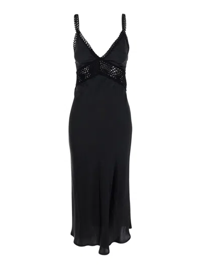 SEMICOUTURE 'JACINTA' BLACK LONG DRESS WITH THIN STRAPS AND CROCHET INSERTS