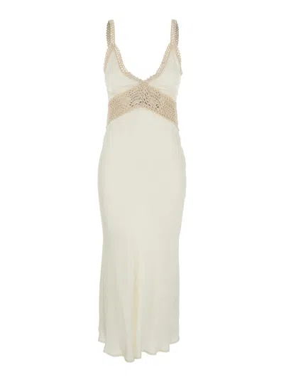 SEMICOUTURE JACINTA WHITE LONG DRESS WITH THIN STRAPS AND CROCHET INSERTS IN SILK AND ACETATE BLEND WOMAN