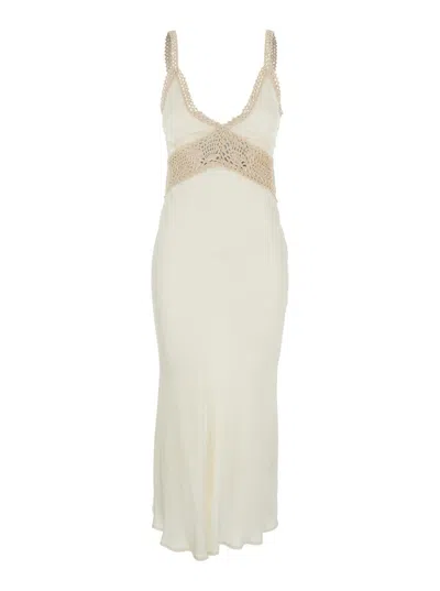 SEMICOUTURE 'JACINTA' WHITE LONG DRESS WITH THIN STRAPS AND CROCHET INSERTS IN SILK AND ACETATE BLEND WOMAN