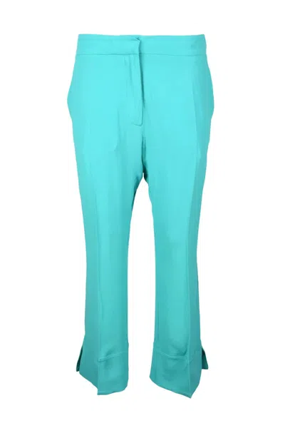 Semicouture Cropped Aqua Green Trousers With Flared Hem And Side Slits In Blue