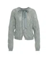 Semicouture Cropped Gray Cable Knit Cardigan With Satin Bow Detail In Gray
